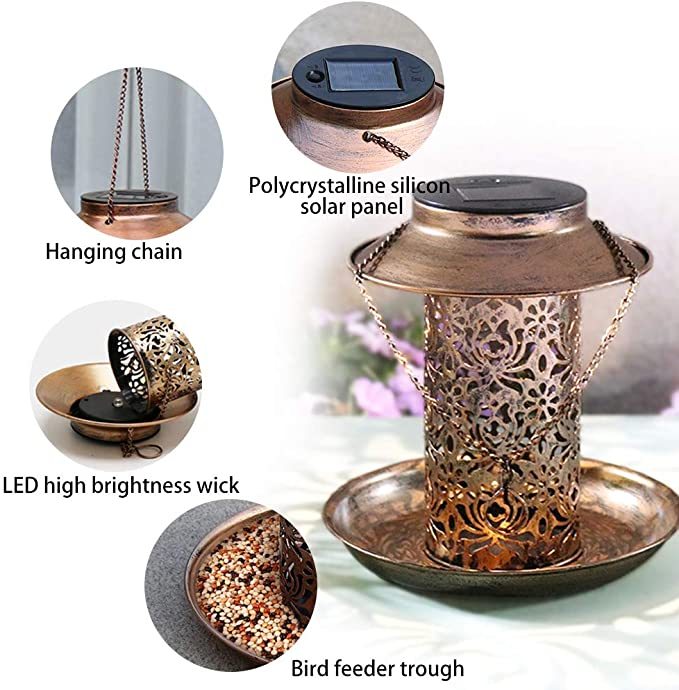 Solar Bird Feeder Light Hollow Copper Hanging Bird House with Light-xinru shop
