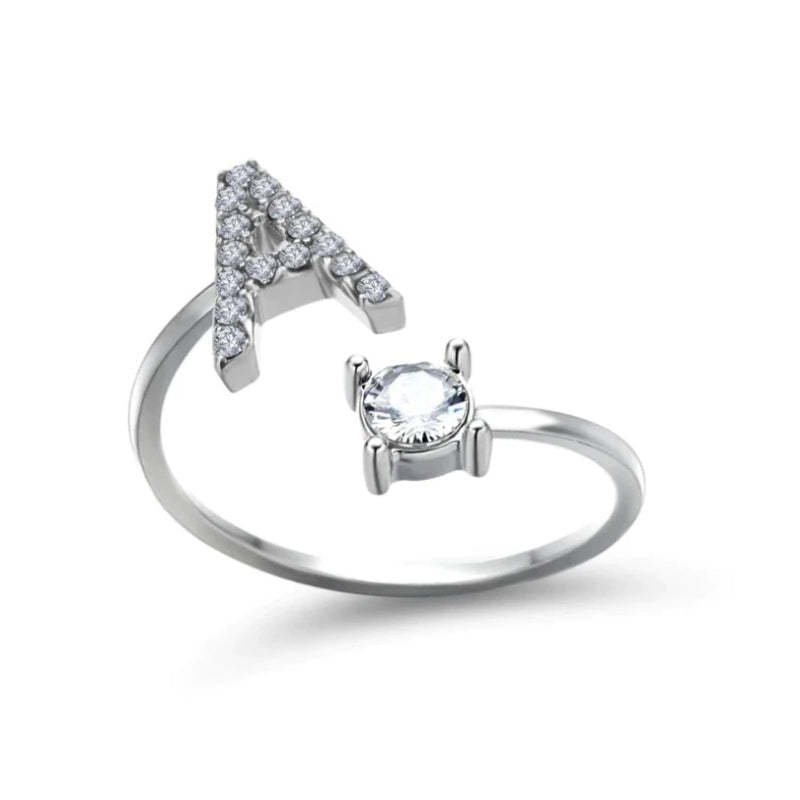 Golden Adjustable A-Z Personalized Initial Letter with Rhinestone Rings-xinru