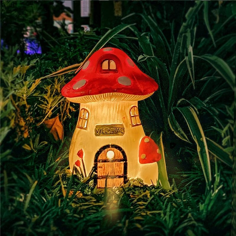 Solar Light Mushroom House Resin Micro Landscape Bonsai Garden Ornament-xinru