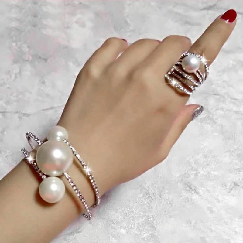Multilayer Rhinestone Pearl Bangle Bracelet With Ring Set-xinru