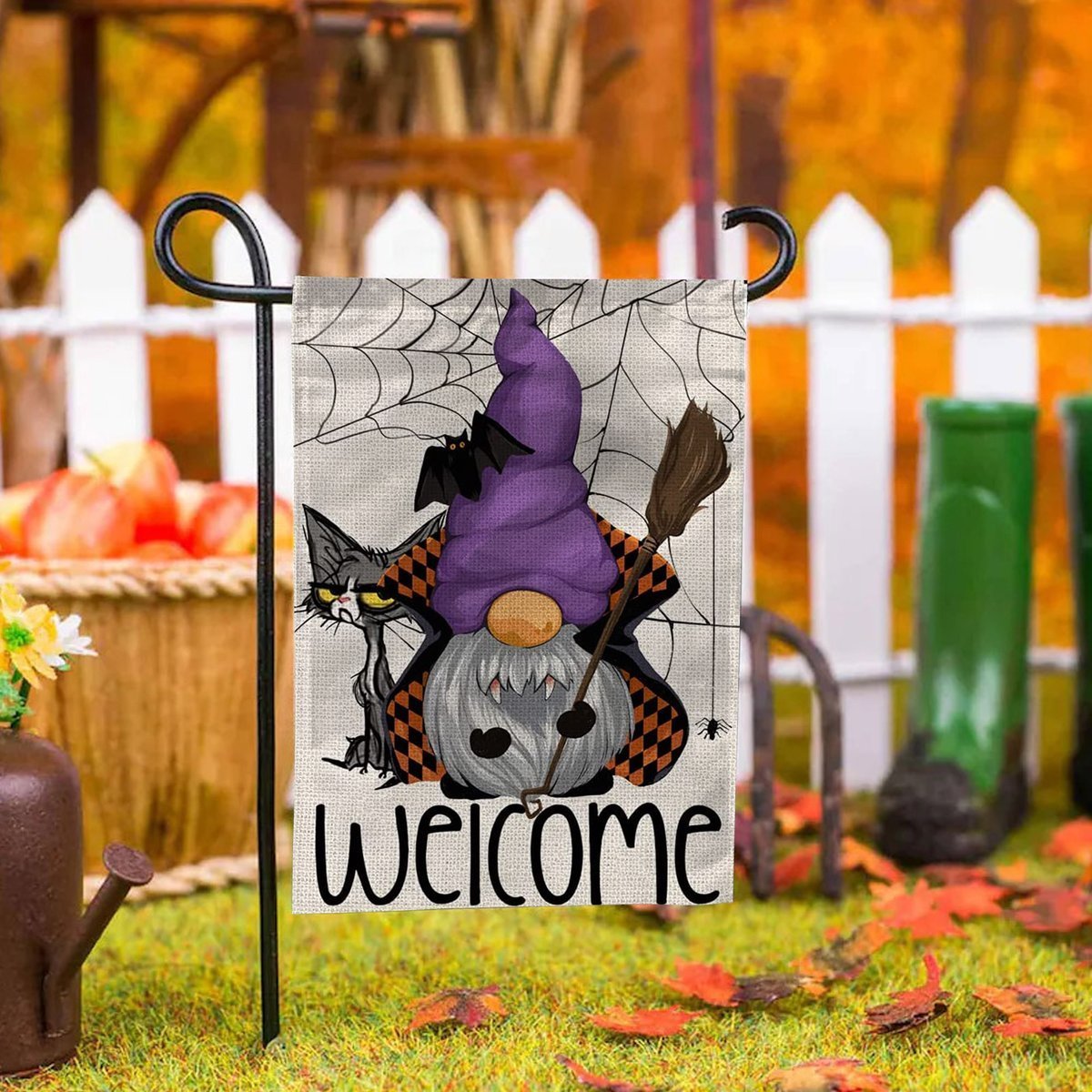 Spooky Cat With Gnome Welcome Halloween Gifts Garden House Flag-xinru shop