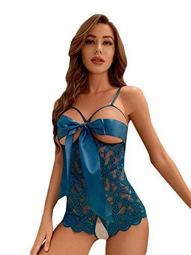 Romwe Women's Self Knot Front Teddy Lingerie One Piece Floral Lace Bodysuit Babydoll-xinru