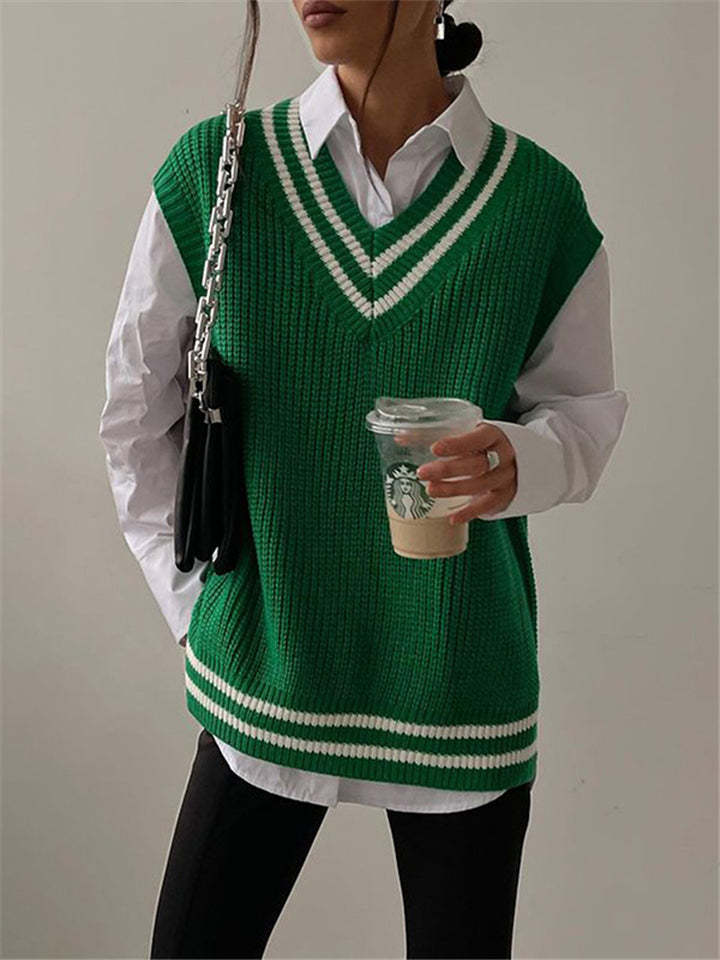 Green Knit Women's V-Neck College Tank Sweater Top-xinru