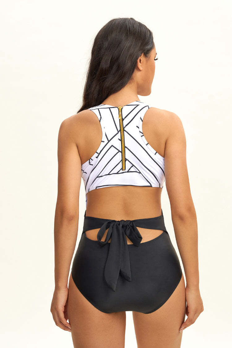 White Striped One-Piece Swimsuit-xinru shop