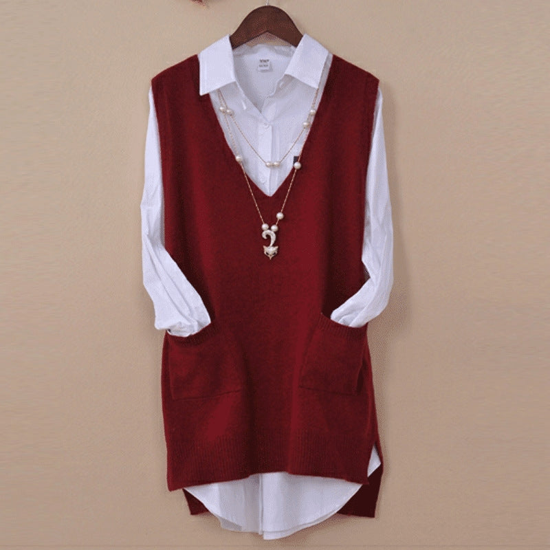 Mid-length Loose Sweater Vest Wool Bottom shirt V-neck Waistcoat-xinru