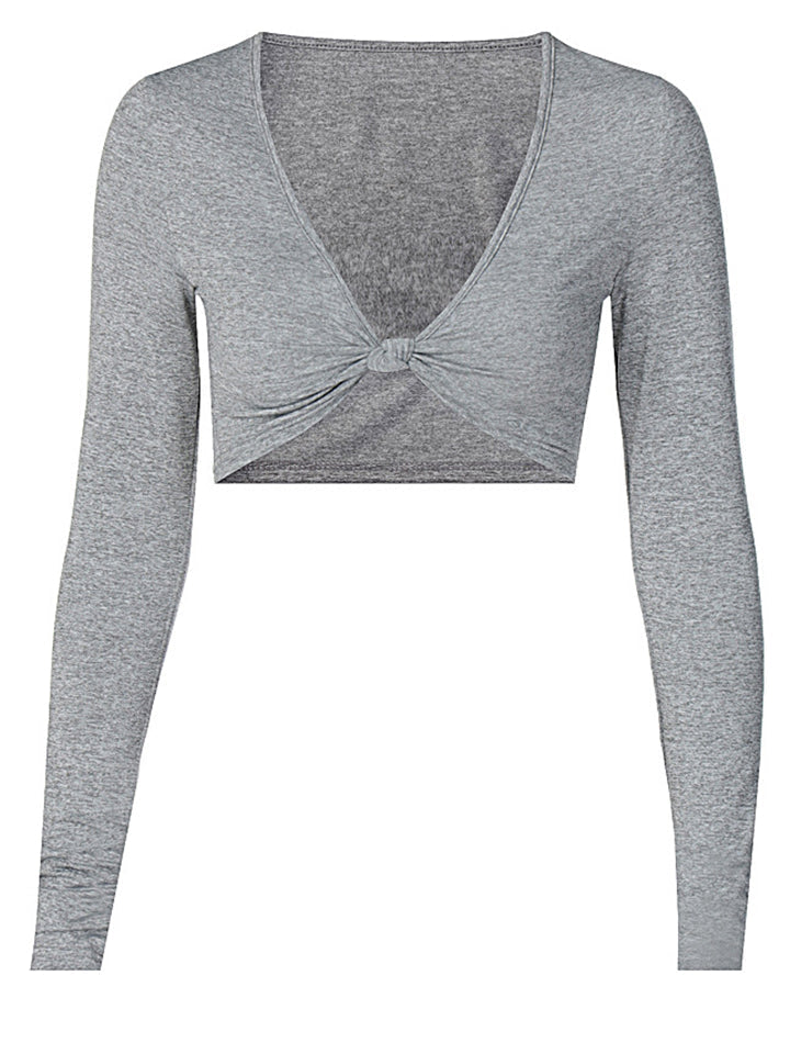 Women Solid Color Long Sleeve Sexy V Neck Crop Tops-xinru