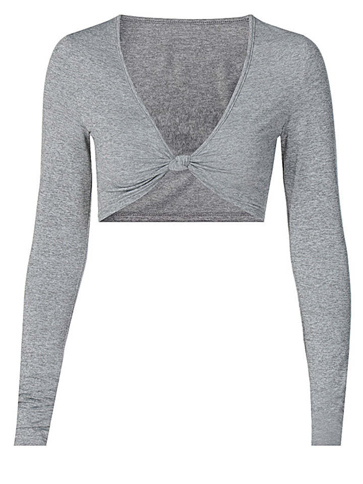 Women Solid Color Long Sleeve Sexy V Neck Crop Tops-xinru