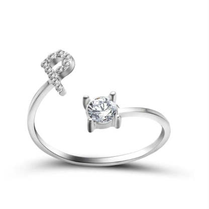 Golden Adjustable A-Z Personalized Initial Letter with Rhinestone Rings-xinru