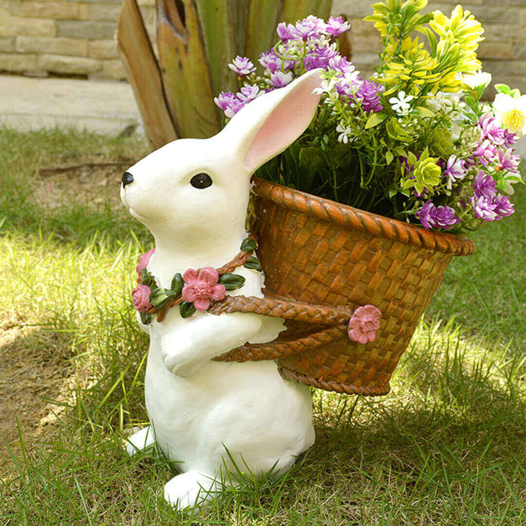 Woven Backet With Cute Rabbit Plastic Sculpture Flower Pot Home Decor-xinru