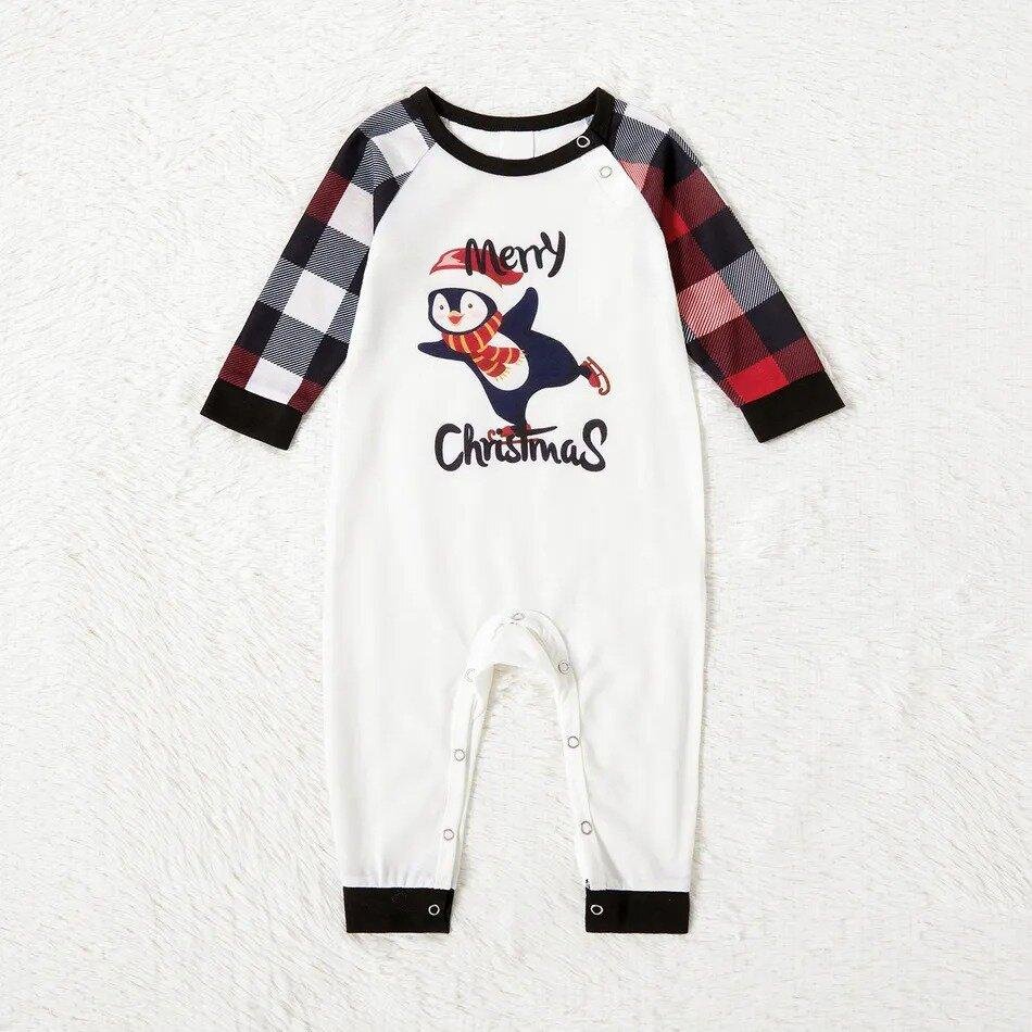 Plus Size Christmas Penguin on Sleigh and Letter Print Family Matching Raglan Long-sleeve Plaid Pajamas Sets-xinru shop