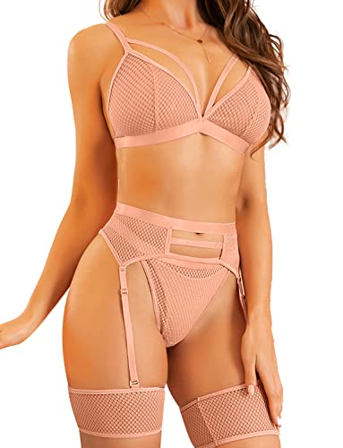 Women's 4 Pieces Exotic Lingerie Set Strappy Fishnet Lingerie Lace Bra and Panty Sets High Waisted Mesh Underwear-xinru shop