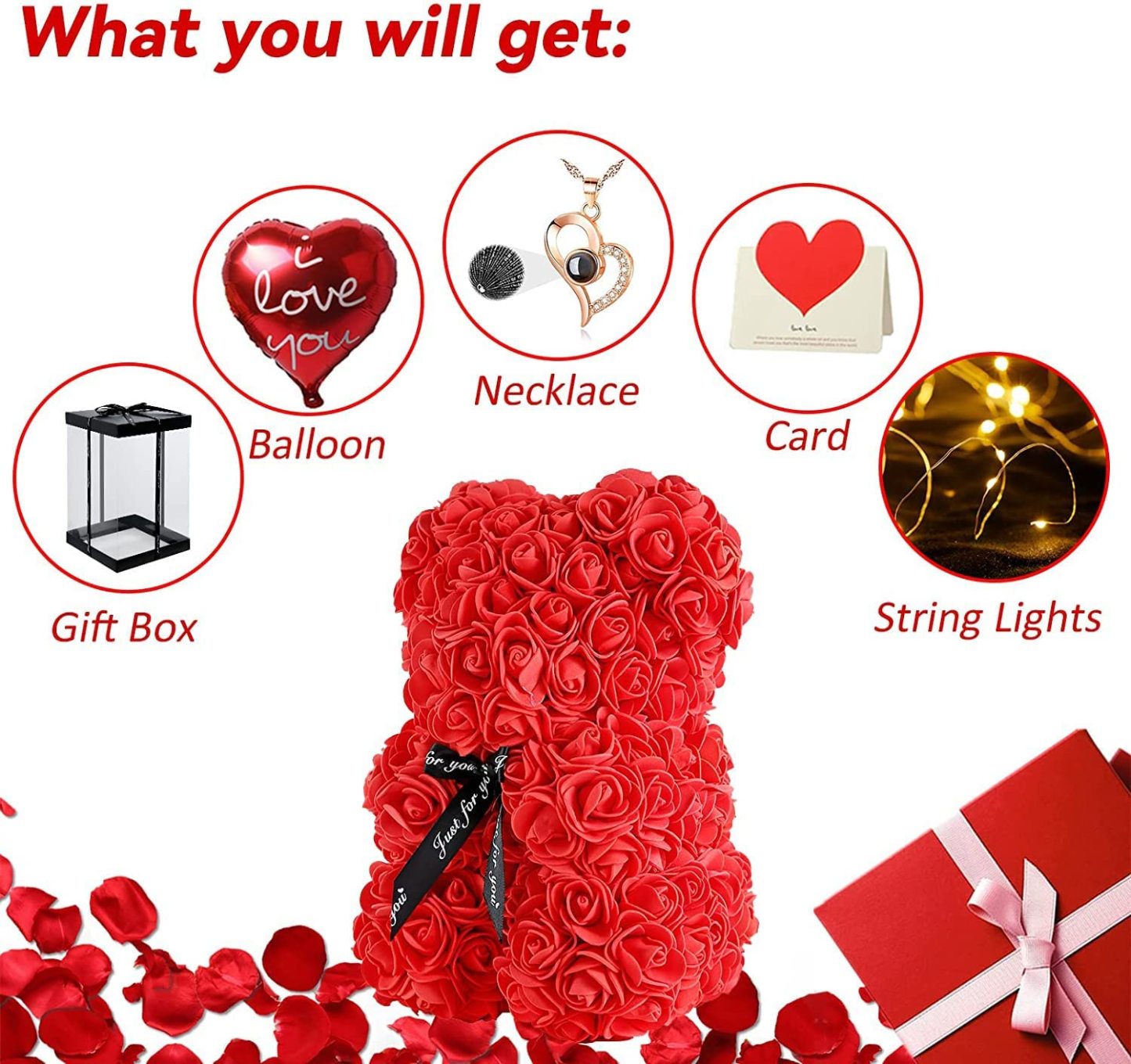 Mother's Day Gift Rose Bear With Light String Necklace Balloon Card Box-xinru