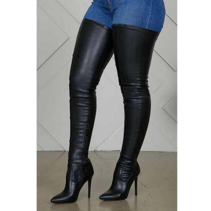 Thigh High Boots Stiletto Heels Plus Size Stretch PU Leather Boot-xinru
