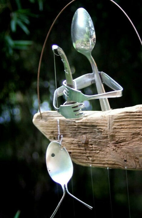 Fishing Man Spoon Fish Sculptures Wind Chime Indoor Outdoor Hanging-xinru