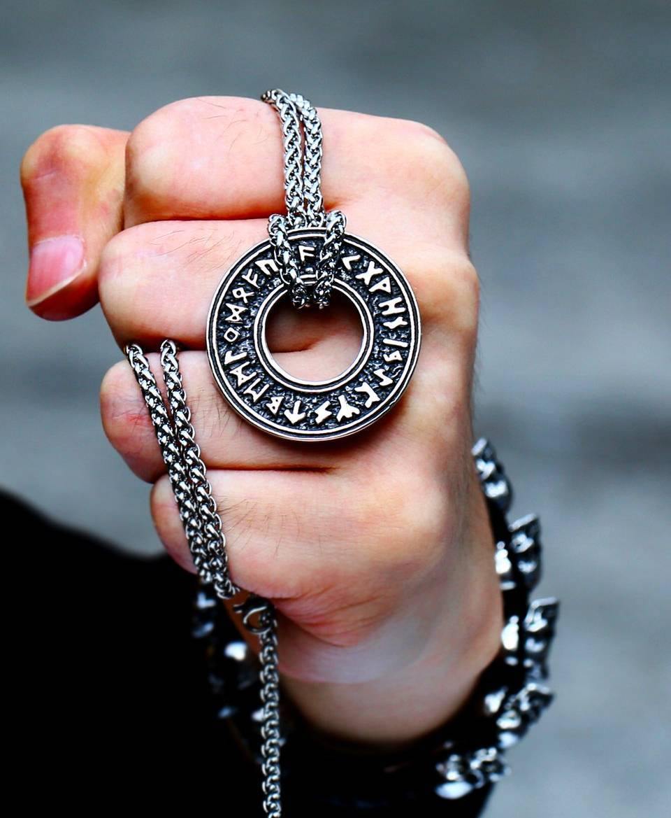 Viking Elder Futhark Runic Circle Rune Alphabet Wheel Pendant Necklace Jewelry-xinru
