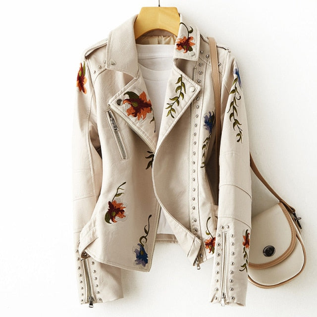 Retro Floral Print Embroidery Faux Soft Leather Jacket-xinru