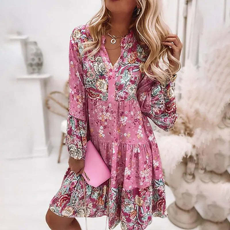 Women's Dress Long Sleeves Floral Gathered Ruffle Print V Neck Casual Boho Flare-xinru