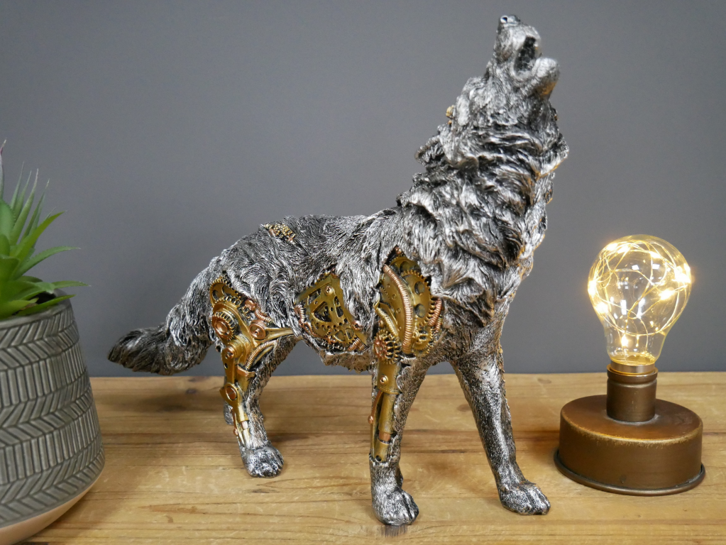 Steampunk Howling Wolf Robotic Alpha Wolf Statue On Sculpted-xinru