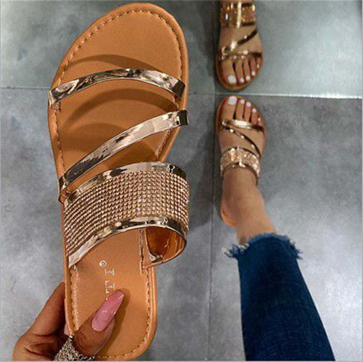 Women Metal reinstone Slide Flat Sandals-xinru