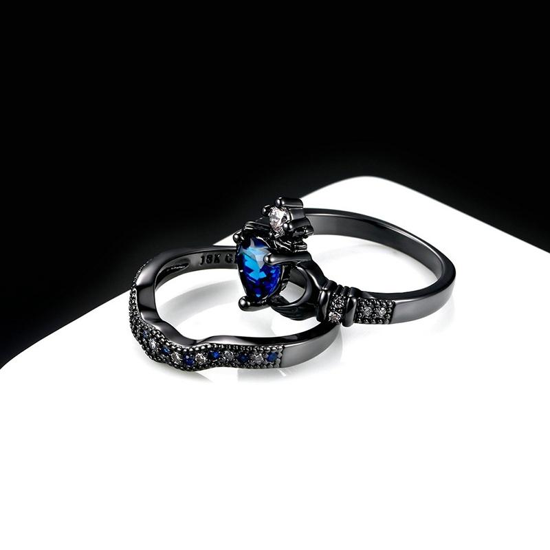 Clear Black  Blue Zirconia Couples Ring Set-xinru