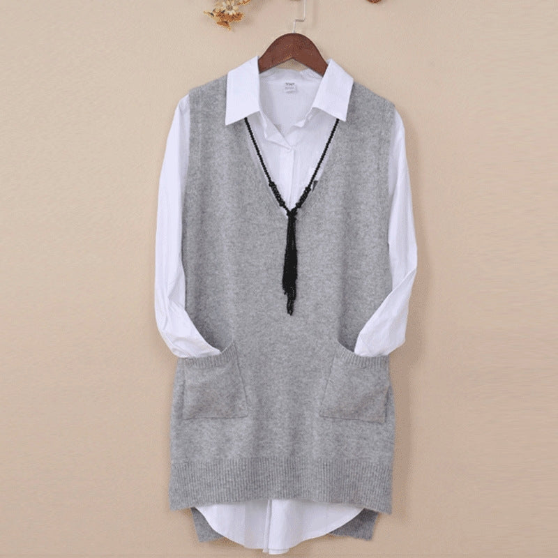Mid-length Loose Sweater Vest Wool Bottom shirt V-neck Waistcoat-xinru