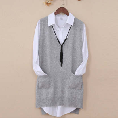 Mid-length Loose Sweater Vest Wool Bottom shirt V-neck Waistcoat-xinru