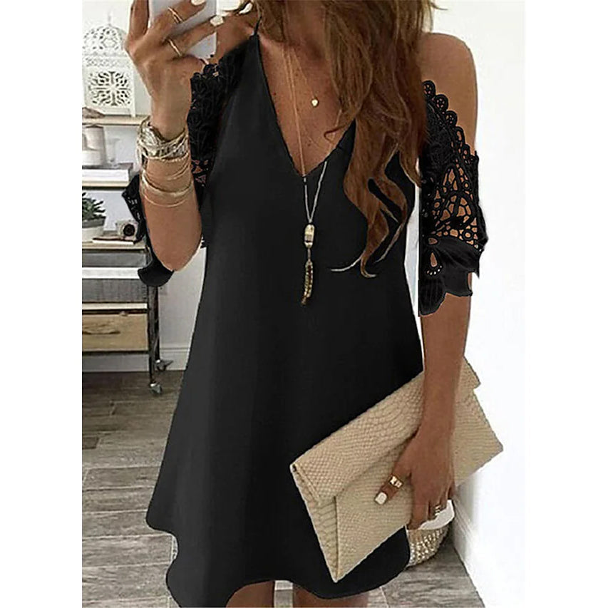 Women's Half Sleeve Solid Cutout Shift Dress-xinru