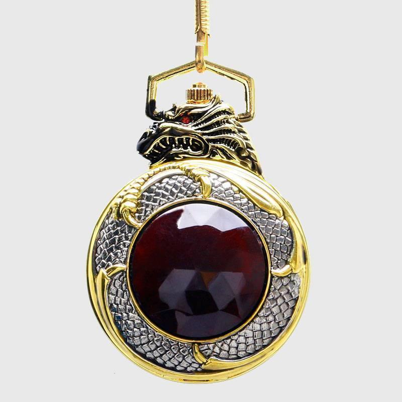 Red Garnet Inset Gold Tone Cover Pocket Watch Luxury Evil Dragon Quartz Clock-xinru