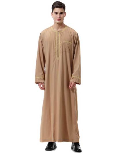 Men Round Neck Linen  Long Sleeve Muslim Islamic Clothing-xinru