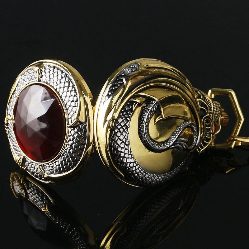 Red Garnet Inset Gold Tone Cover Pocket Watch Luxury Evil Dragon Quartz Clock-xinru