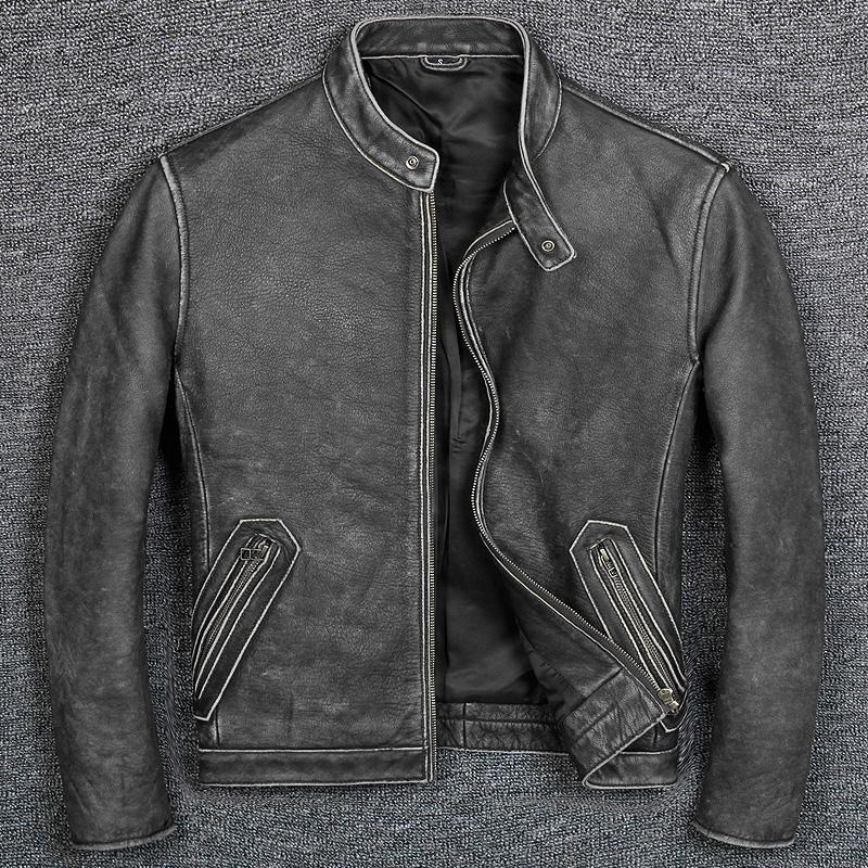 Stand-up Collar Slim-fit Leather Biker Jacket-xinru shop