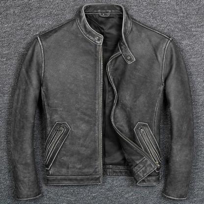 Stand-up Collar Slim-fit Leather Biker Jacket-xinru shop