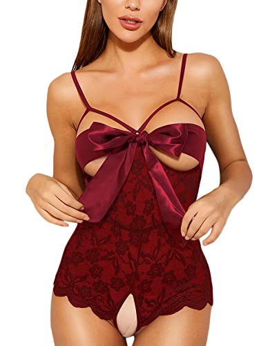 Romwe Women's Self Knot Front Teddy Lingerie One Piece Floral Lace Bodysuit Babydoll-xinru
