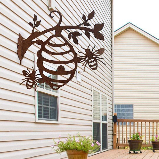 Rusty Metal Bee Hive Garden Decor Hanging Art-xinru