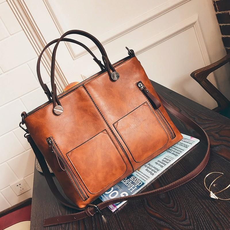 Large Vintage Leather Shoulder Tote Bag-xinru