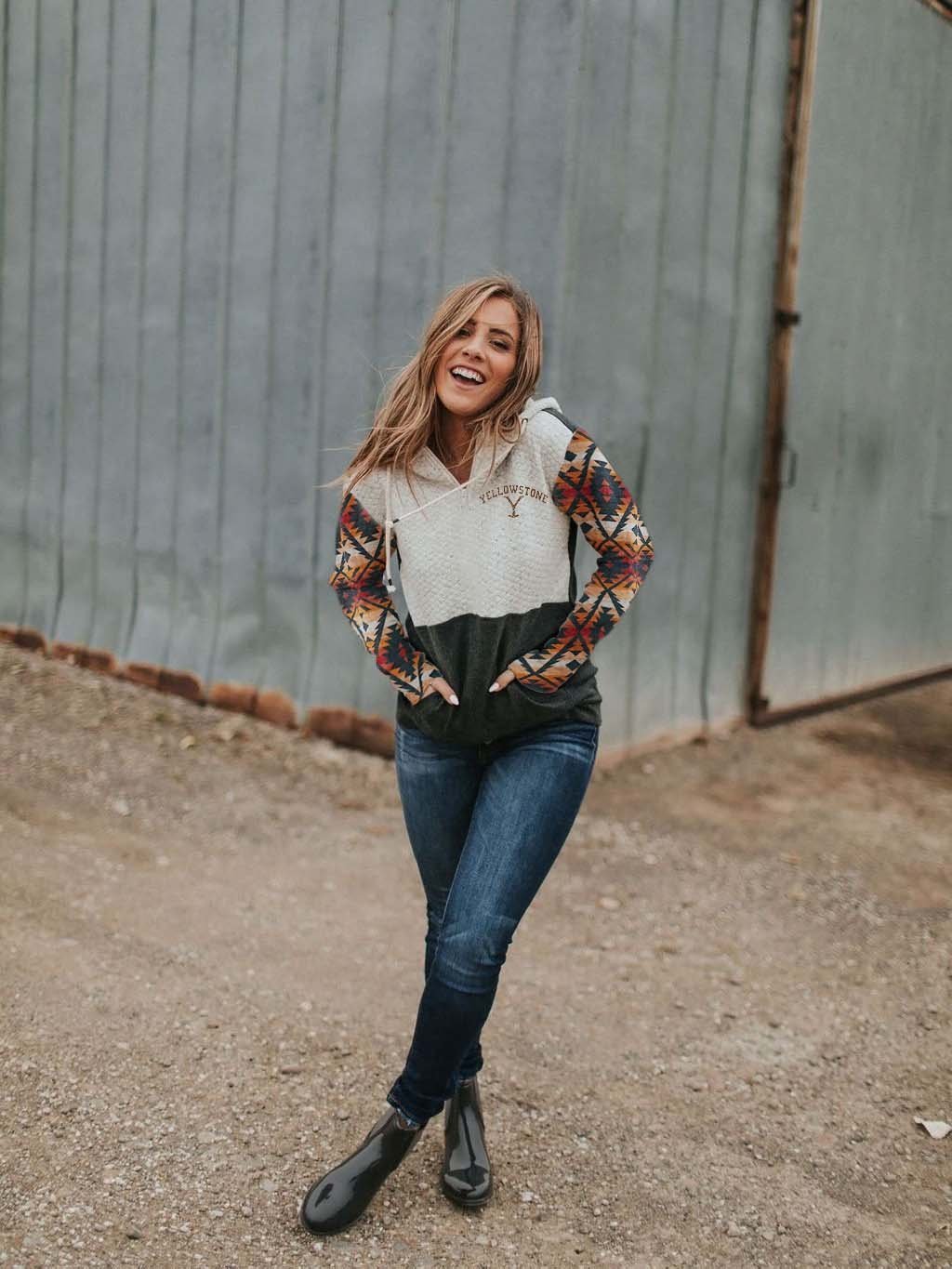 Women's Yellowstone Western Print Hood Collar Colorblock Pocket Sweatshirt-xinru shop