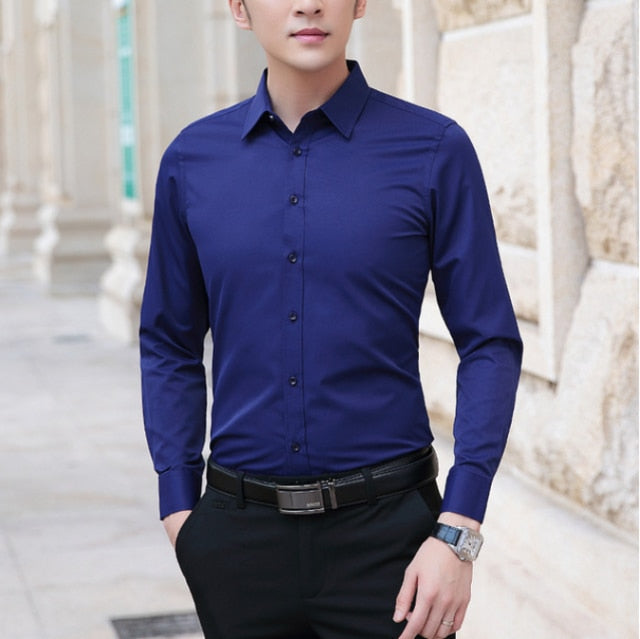Men High Stretch Non-iron Anti-wrinkle Long Sleeve Business Standard Shirt-xinru