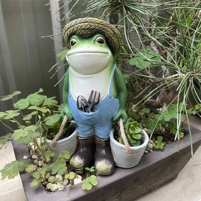 Bullfrog Barnie Gardener Frog Overalls Boots Two Buckets Plant Garden Sculpture-xinru