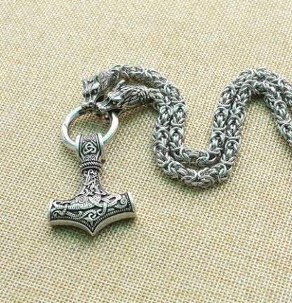 Stainless steel wolf head black king chain with black mjolnir-xinru