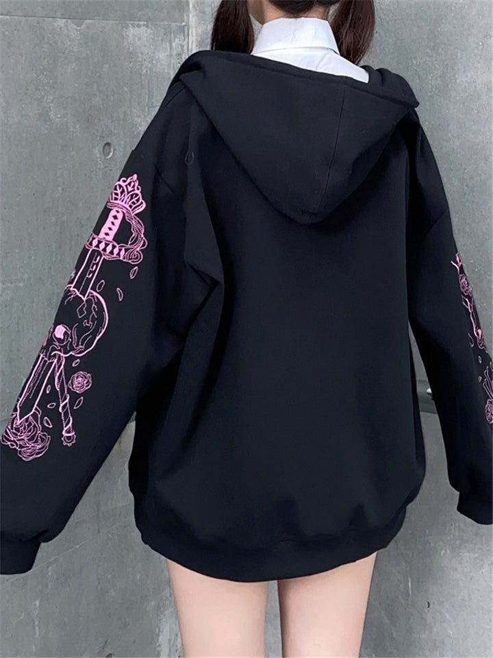 Women Loose Harajuku Gothic Zip Print Vintage Black Hoodie Streetwear-xinru