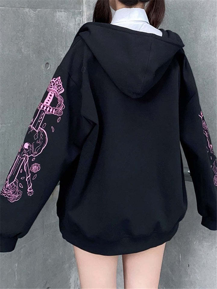 Women Loose Harajuku Gothic Zip Print Vintage Black Hoodie Streetwear-xinru