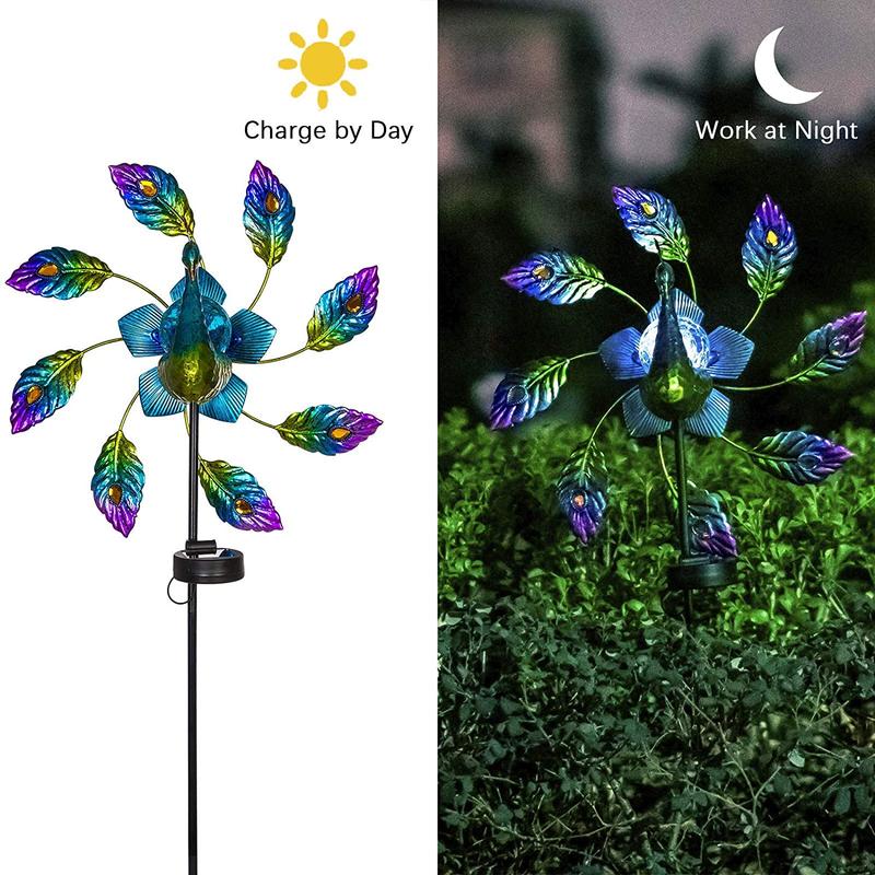Solar Peacock Stake Light Metal Wind Spinner-xinru