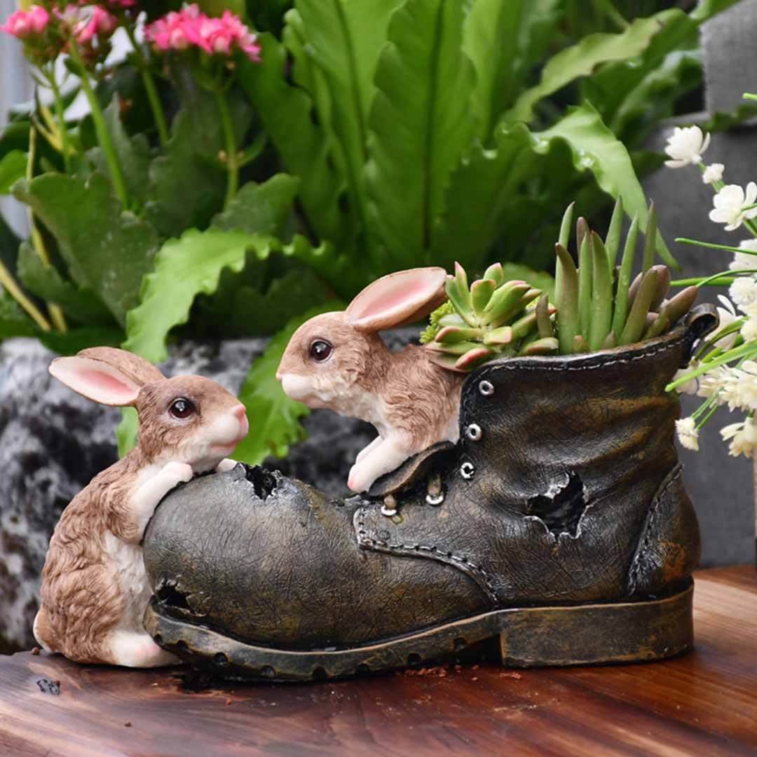 Cute Bunny Playing In Shoes Statue Flowerpot Home Sculpture Resin Floor Vase-xinru