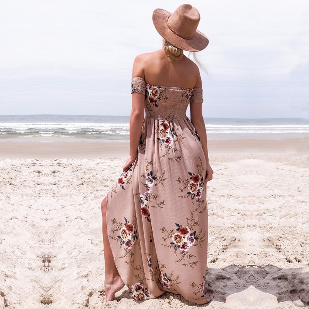 Off Shoulder Beach Floral Summer Dress-xinru