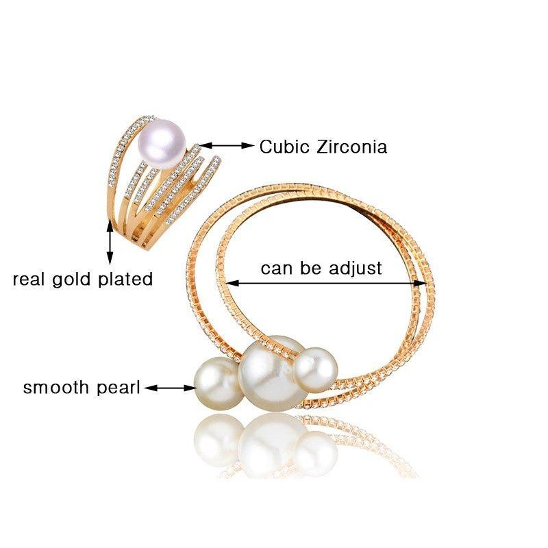 Multilayer Rhinestone Pearl Bangle Bracelet With Ring Set-xinru