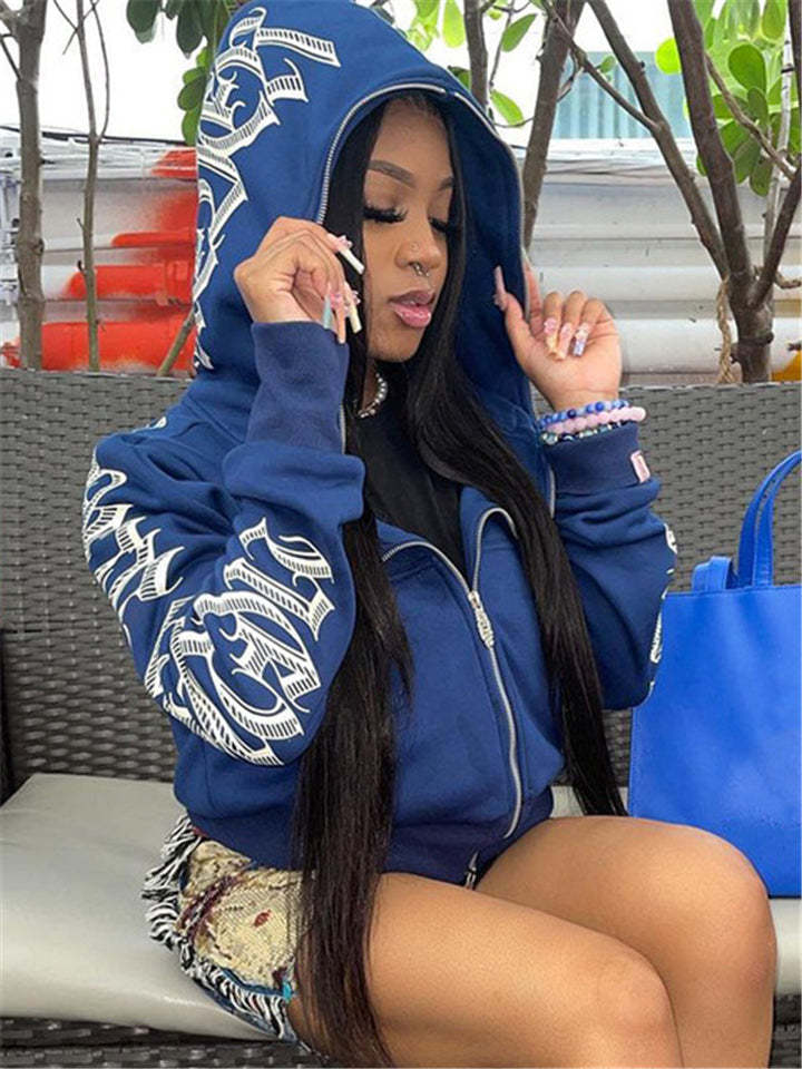 Women Zip Up Hoodie Streetwear Letters Printed Sweatshirts-xinru