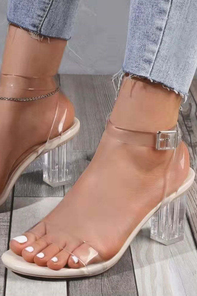 Transparent PVC Ankle Strap Chunky Heel Sandals-xinru