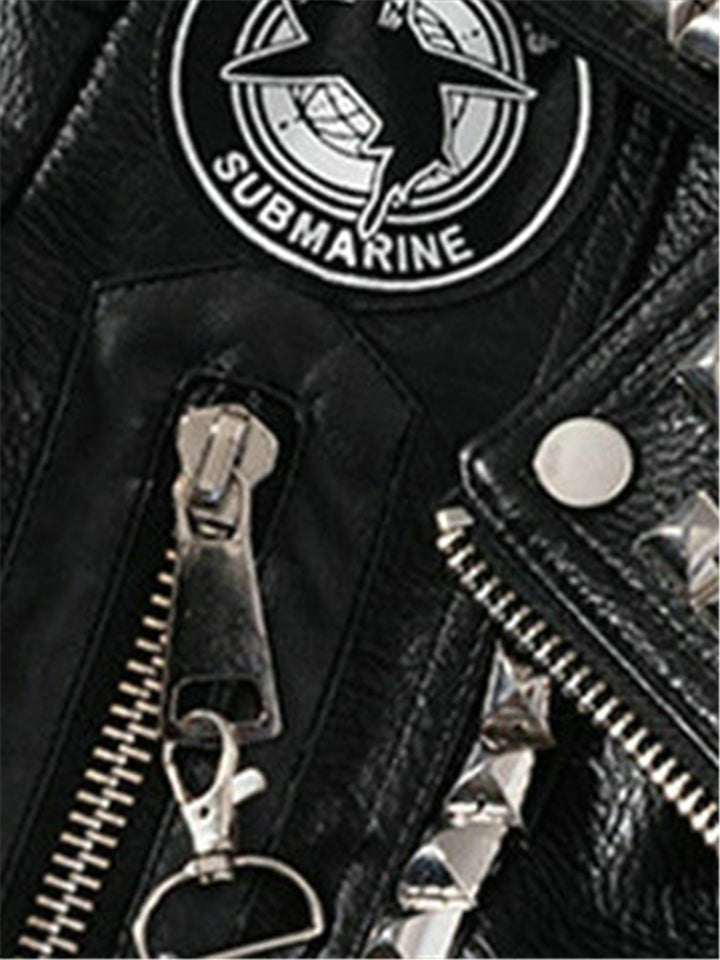 Women Locomotive Cool Punk Style Black Leather Jacket With Chains Rivets-xinru