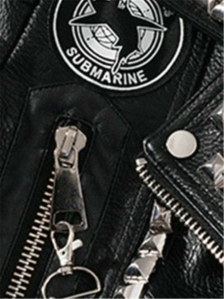 Women Locomotive Cool Punk Style Black Leather Jacket With Chains Rivets-xinru