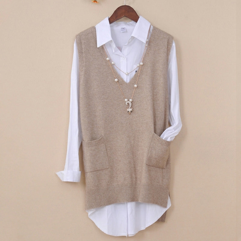 Mid-length Loose Sweater Vest Wool Bottom shirt V-neck Waistcoat-xinru